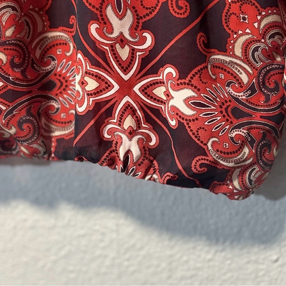 Tommy Hilfiger Paisley Print Chiffon Blouse XL Red Navy Boho Top Bubble - Picture 8 of 8